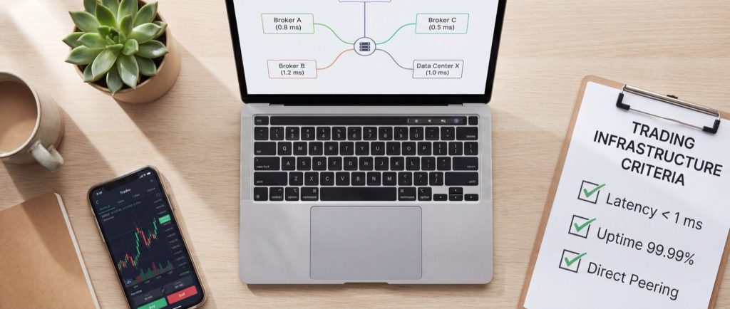 Laptop displaying network diagram, smartphone with trading app, clipboard with "TRADING INFRASTRUCTURE CRITERIA" checklist, coffee, plant, notebook.