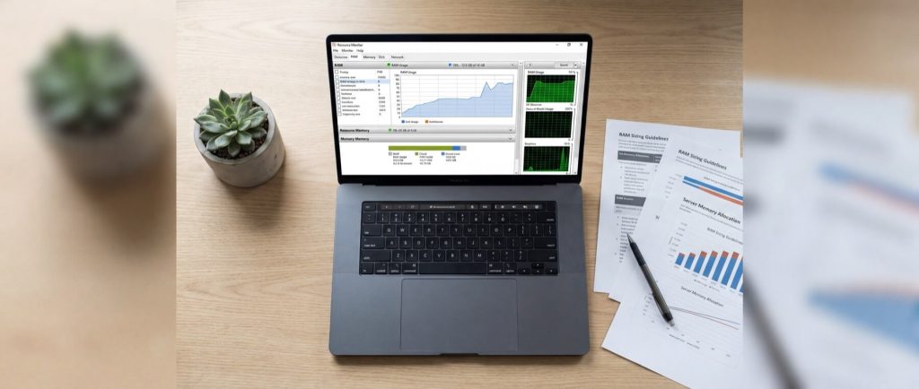 Laptop displaying performance graphs on a wooden desk, accompanied by a succulent plant and printed charts with a pen.
