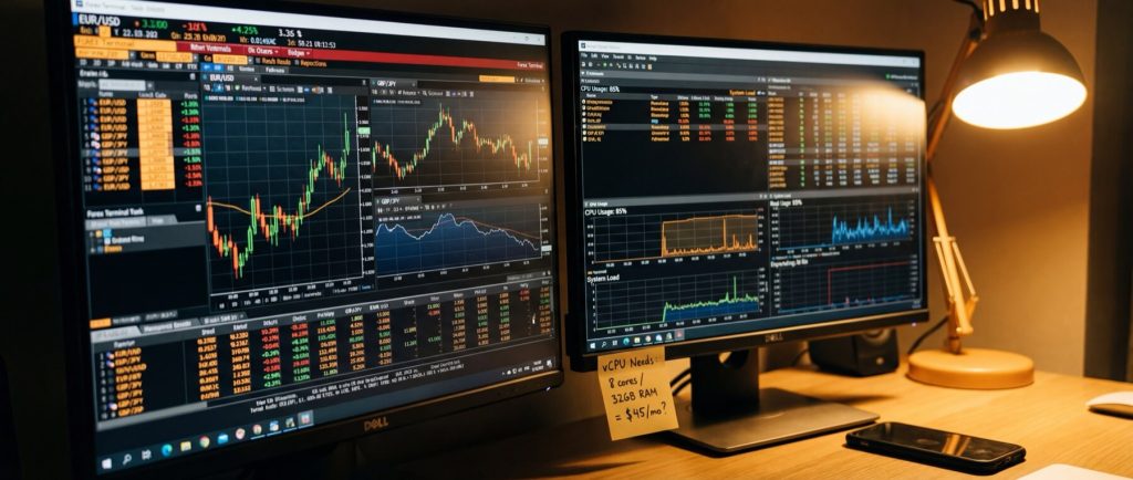 Two computer monitors display financial charts and data under a desk lamp. Note reads: "vCPU Needs: 8 cores, 32GB RAM, $45/mo."