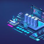 Futuristic digital illustration of a laptop with blockchain servers, cryptocurrency symbols, and data analytics on a blue background.