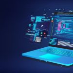 Laptop displaying colorful programming code and data visualizations, surrounded by floating icons labeled HTML5, Java, PHP, Python, and UI/UX.