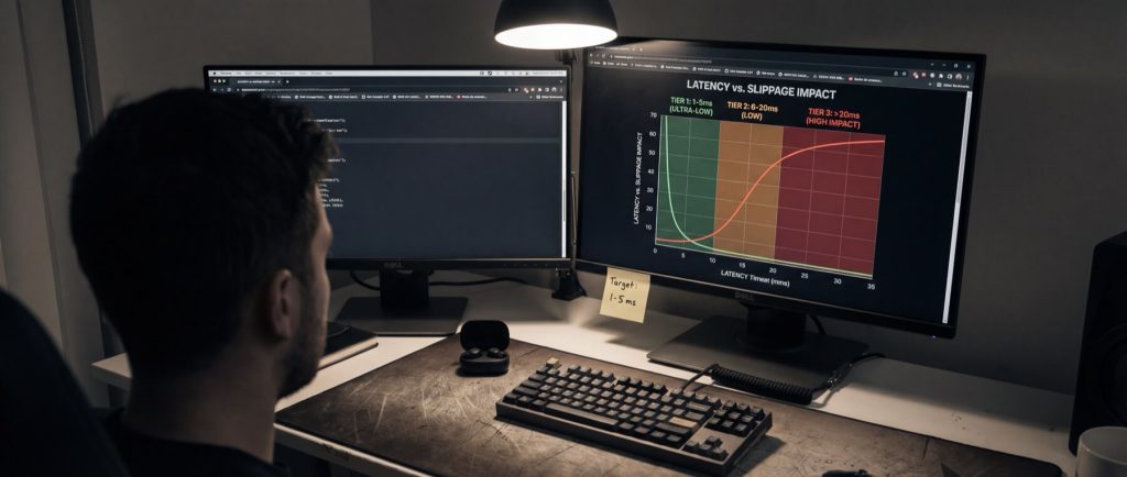 A person analyzes a graph titled "LATENCY VS. SLIPPAGE IMPACT" on a computer monitor, with a sticky note reading "Target: 1-5 ms."