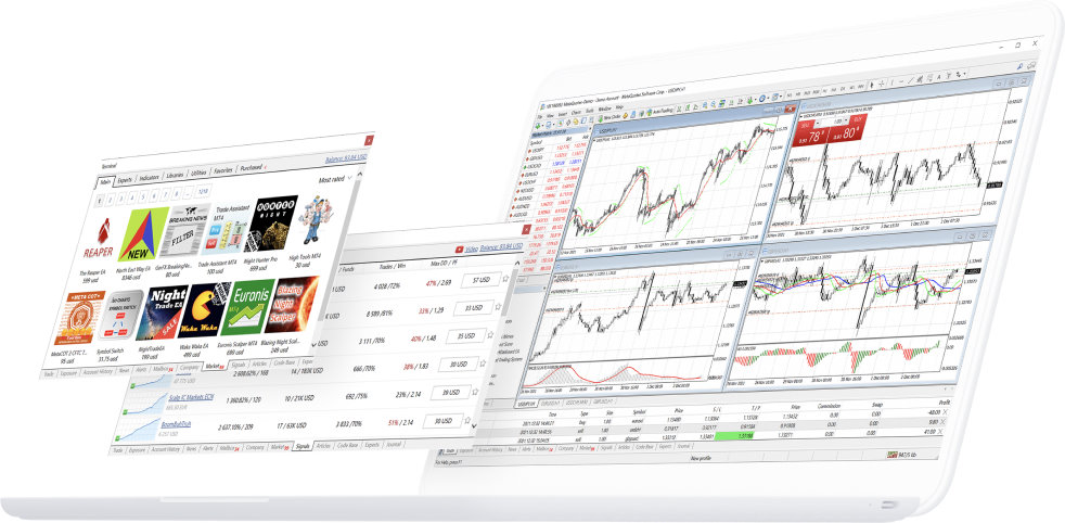 Laptop screen displaying trading software with multiple charts, graphs, and data tables, including various stock and currency information.