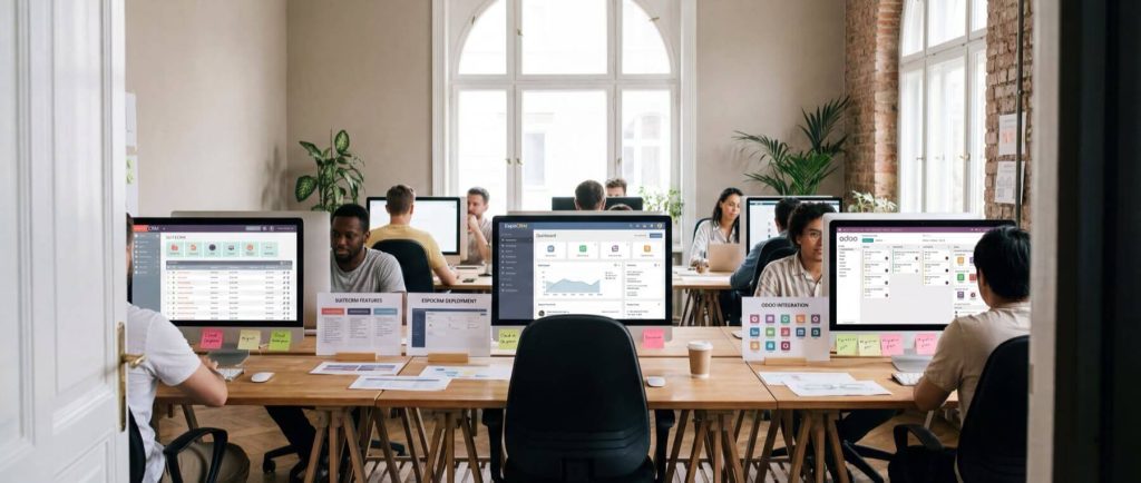 People working at desks with computers displaying software interfaces, surrounded by plants and natural light from large windows.