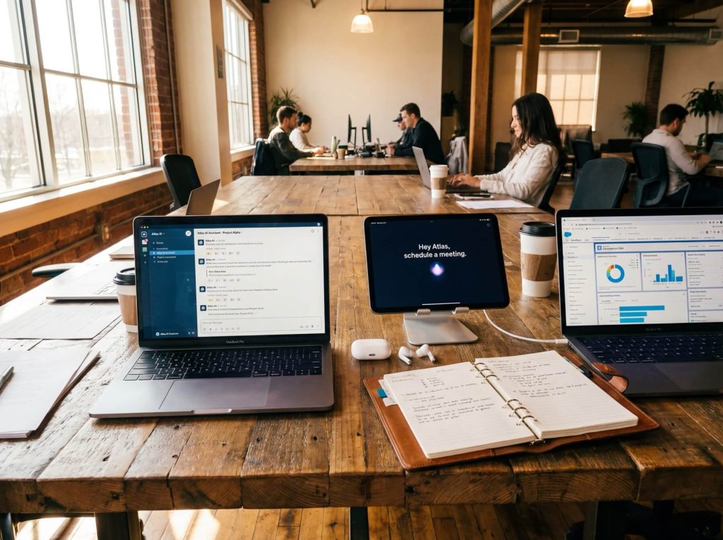 Open office space with laptops, notebooks, and coffee cups on a wooden table. People work at desks in the background.