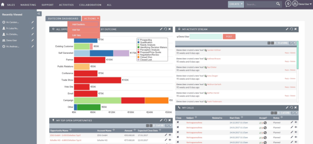 Dashboard interface showing sales data with bar charts, activity stream, and opportunities list. Menu options include "Add Dashlets" and "Edit Tabs."