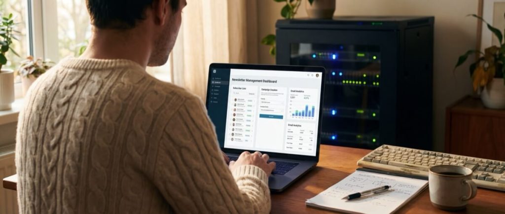 Person in a sweater using a laptop displaying a "Newsletter Management Dashboard" near a server rack, with notes and coffee.
