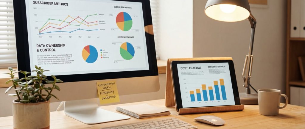Computer and tablet displaying graphs and charts on subscriber metrics, data ownership, and cost analysis on a wooden desk.