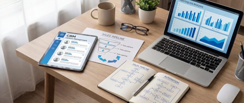 Tablet displaying CRM contact management, sales pipeline diagram, laptop with analytics graphs, notebook with flowcharts on a wooden desk.