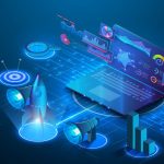 Futuristic digital marketing concept with laptop, rocket, magnifying glass, graphs, and charts, symbolizing data analysis and growth strategy.