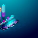 A smartphone displays digital graphs and charts with rising bar graphs and a dollar symbol, indicating financial growth.