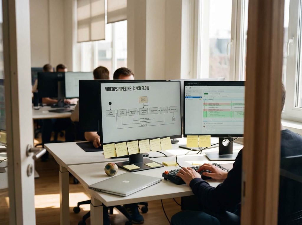 Person working at a desk with dual monitors displaying "VibeOps Pipeline: CI/CD Flow" diagram and code review interface.