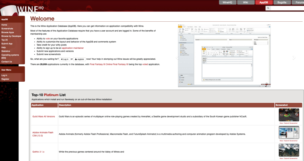 WineHQ AppDB webpage showing application compatibility with Wine, featuring a welcome message, top-10 platinum list, and screenshots.