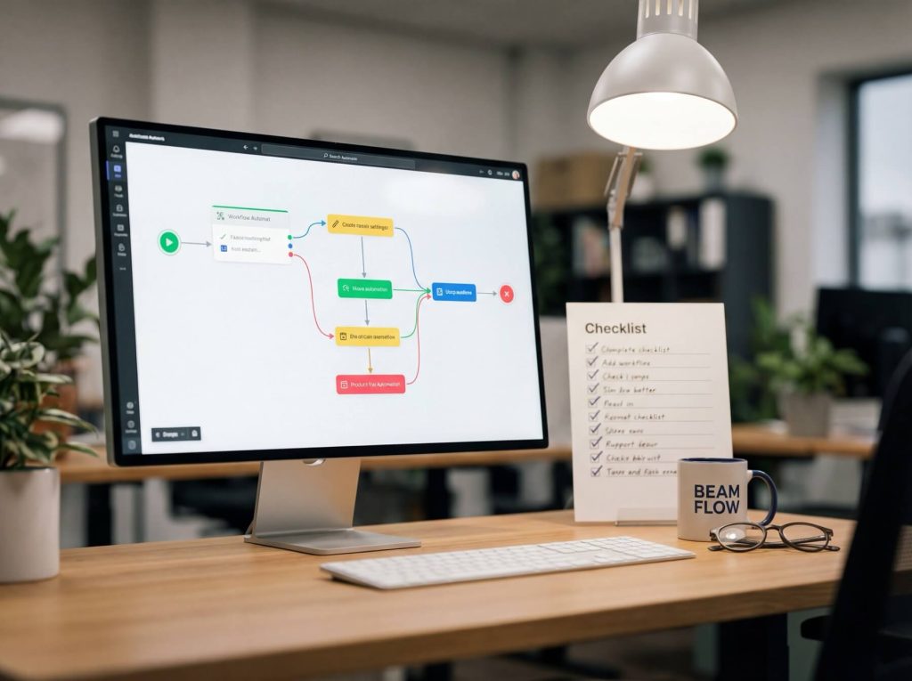 Computer monitor displaying workflow automation software on a desk with a checklist, keyboard, glasses, and a "BEAM FLOW" mug.