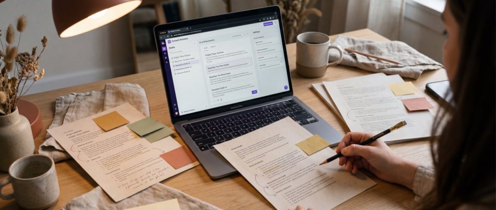Person working at a desk with a laptop displaying a content assistant, surrounded by documents and sticky notes.