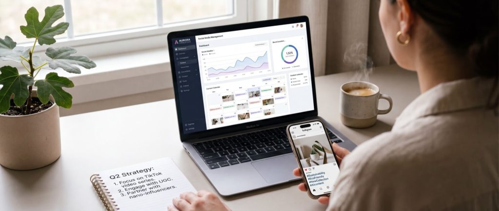 Person working on a laptop displaying social media management dashboard, holding a phone, with a notebook reading: "Q2 strategy: 1. Focus on TikTok. 2. Video series. 3. Engage with UGC. 4. Partner with nano-influencers."