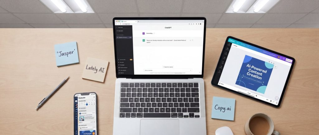 Laptop displaying ChatGPT, tablet with "AI-Powered Content Creation," smartphone, sticky notes labeled "Jasper," "Lately AI," "Copy.ai," pen, and coffee cup on desk.