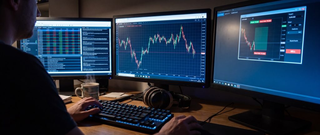 Person analyzing stock market data on three computer monitors, displaying charts and graphs, in a dimly lit room.