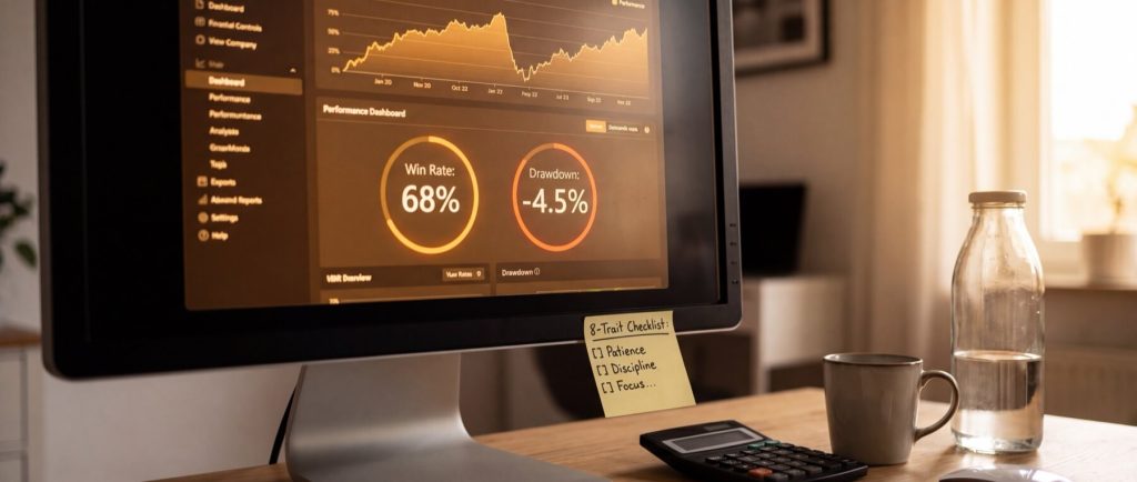 Computer monitor displaying a performance dashboard with 68% win rate and -4.5% drawdown. Desk includes a calculator, mug, and water bottle. Sticky note reads: "8-Trait Checklist: Patience, Discipline, Focus."