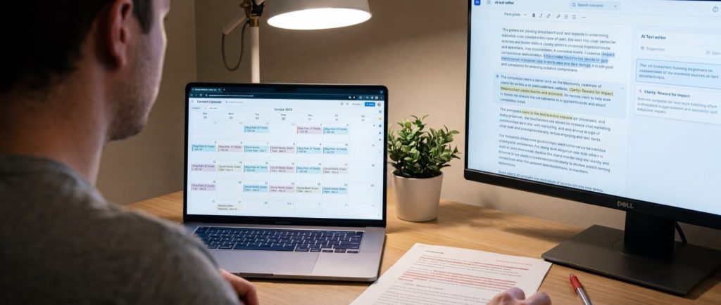 Person working at a desk with a laptop displaying a content calendar and a monitor showing text editing software.