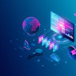 Digital marketing concept with a globe, data charts, computer screen, magnifying glass, and megaphone on a blue background.