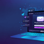 A digital illustration of a laptop displaying a newsletter subscription form, surrounded by notifications and news categories on a blue background.