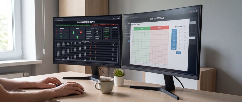 Person working at a desk with dual monitors displaying trading dashboards, a keyboard, and a coffee cup nearby.
