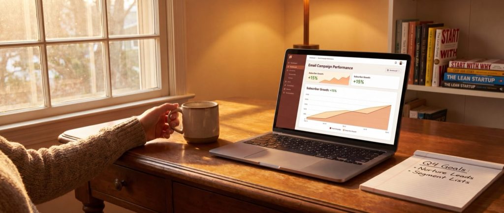 Person holding a mug at a desk with a laptop displaying email campaign performance. Notepad reads: "Q4 Goals: Nurture Leads, Segment Lists."