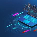 Futuristic laptop displaying financial graphs and data analytics, surrounded by digital interface elements on a blue background.