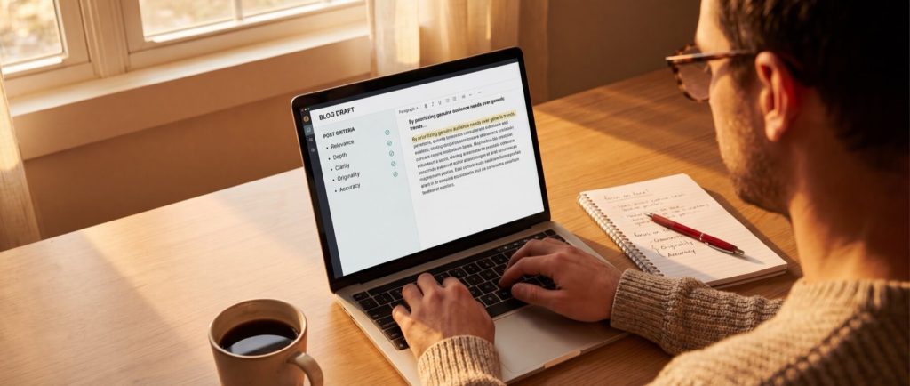 A person types on a laptop displaying a blog draft. A notebook, pen, and coffee cup are on the table.