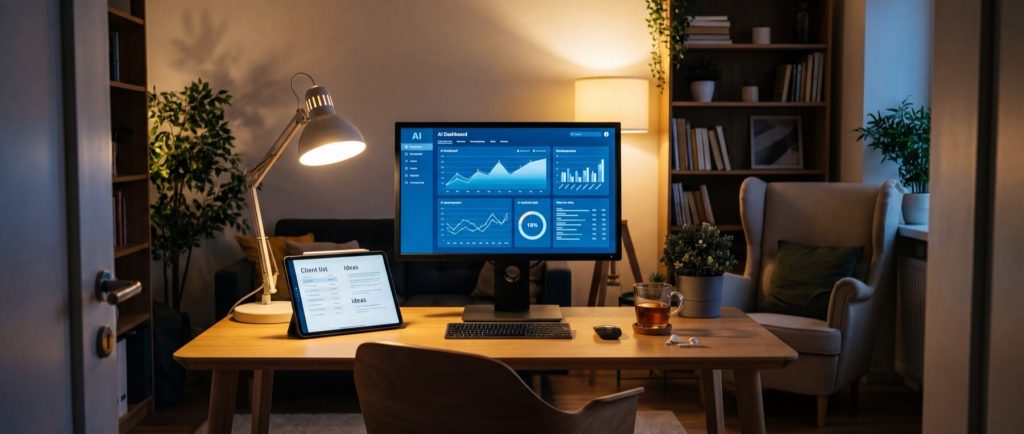 Home office setup with a computer displaying analytics dashboard, tablet showing client list, desk lamp, and tea on the table.