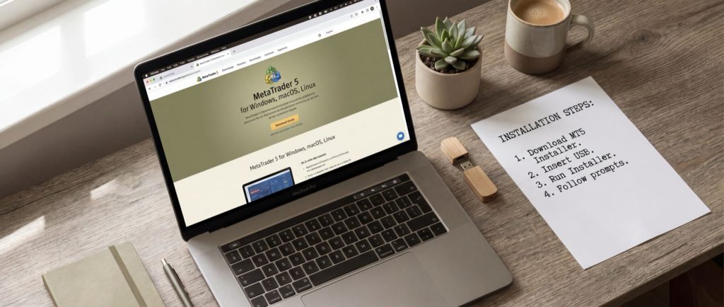 Laptop displaying MetaTrader 5 website on a wooden desk with installation steps: 1. Download MT5 Installer. 2. Insert USB. 3. Run Installer. 4. Follow prompts.