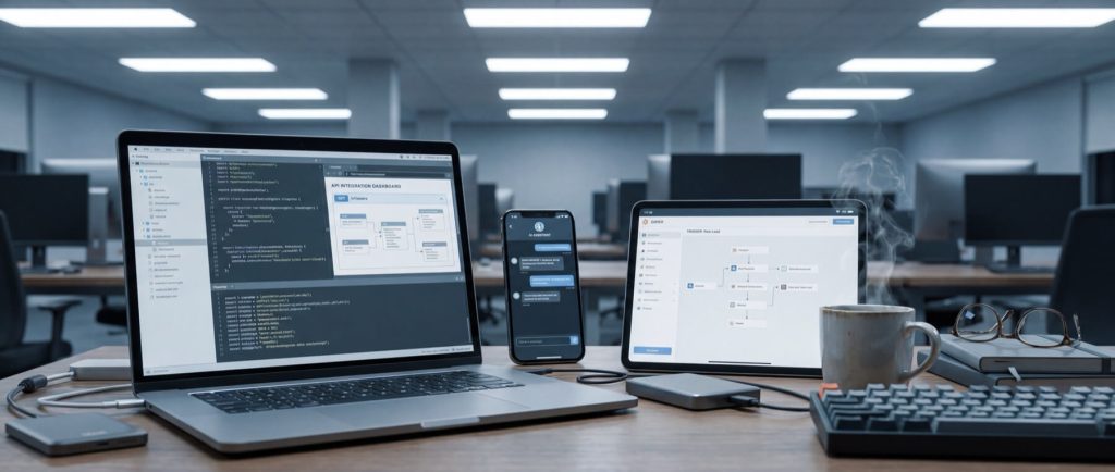 Office workspace with a laptop displaying code, a tablet with a dashboard, a smartphone, coffee mug, and keyboard.