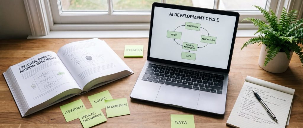 Open book titled "A Practical Guide to Artificial Intelligence," laptop displaying "AI Development Cycle," notes, and a plant on desk.