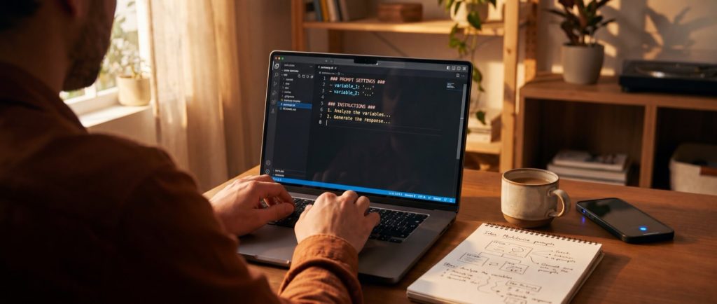 Person typing on a laptop displaying code in a home office, with a notebook, smartphone, and coffee cup nearby.