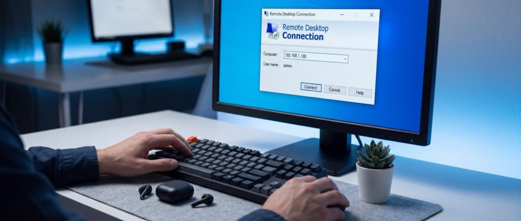 Person using a computer with "Remote Desktop Connection" window open, entering IP address 192.168.1.100 and username admin.