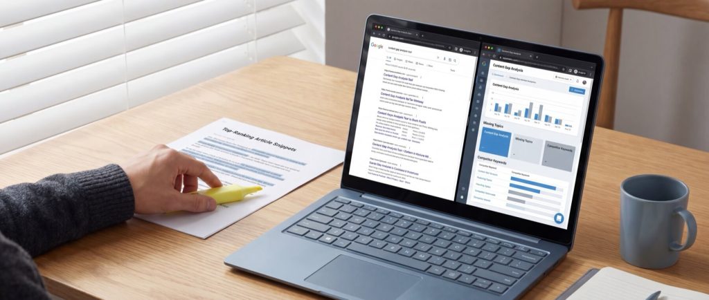 Person highlighting a document titled "Top Ranking Article Snippets" beside a laptop displaying search results and content gap analysis.