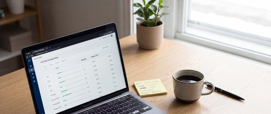Laptop displaying VPS plan configuration dashboard on a wooden desk with a coffee cup, pen, and sticky note nearby.