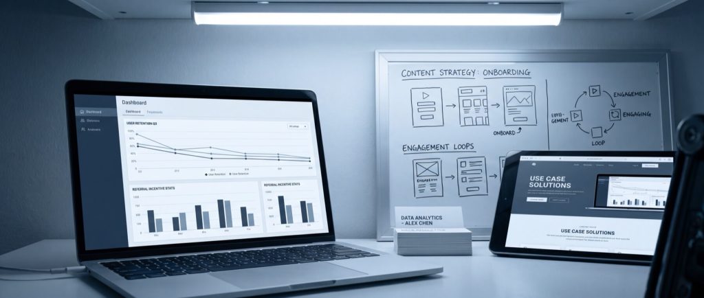 Laptop displaying graphs, tablet showing "Use Case Solutions," and whiteboard with diagrams labeled "Content Strategy: Onboarding" and "Engagement Loops."