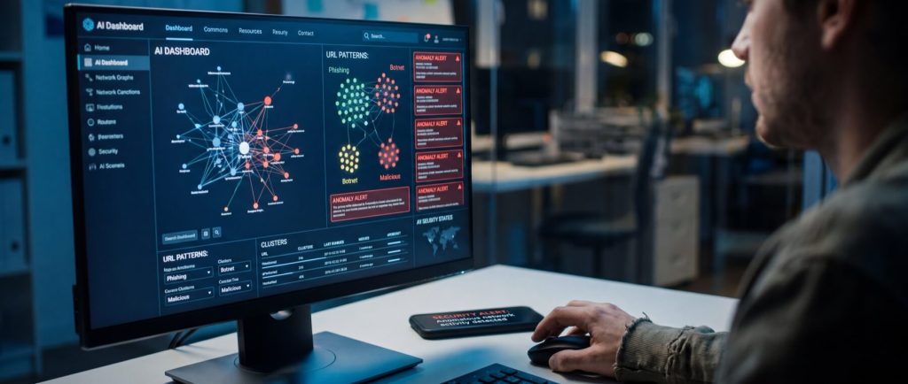 Person analyzing data on a computer screen displaying an AI dashboard with network graphs and anomaly alerts in an office.
