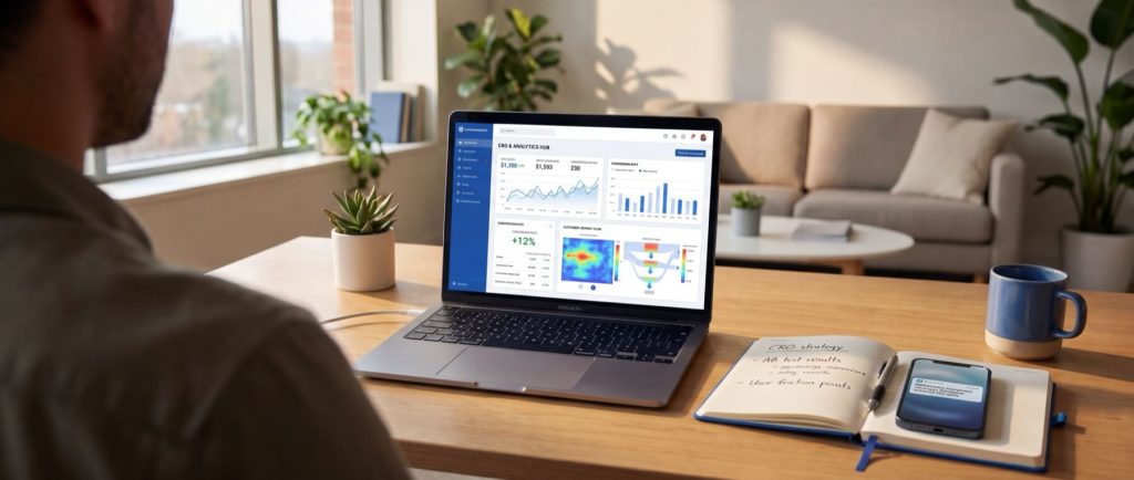 Person viewing analytics dashboard on a laptop at a desk with plants, notebook, phone, and mug in a modern office.