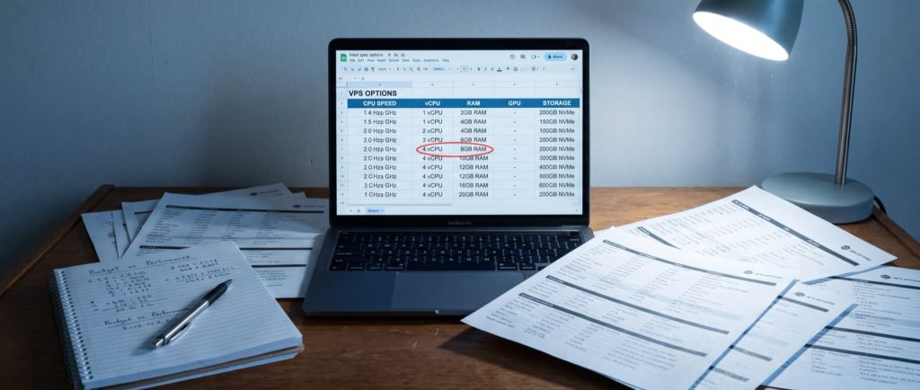 Laptop displaying VPS options spreadsheet on a wooden desk, surrounded by papers, notebook, pen, and a desk lamp.