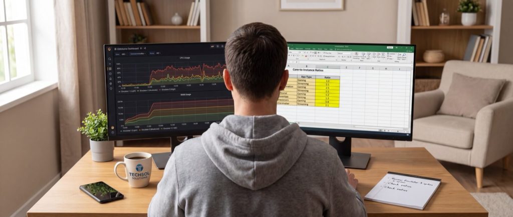 A person in a gray hoodie works at a desk with dual monitors displaying data charts and a spreadsheet.