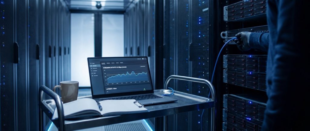 A person connects a cable to a server rack in a data center, with a laptop displaying network statistics on a cart.