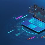 A digital illustration of a laptop displaying financial graphs and data analytics, surrounded by futuristic neon elements on a blue background.