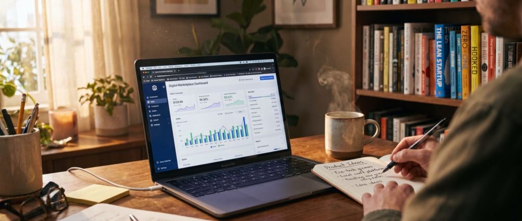 Person writing notes beside a laptop displaying a "Digital Marketplace Dashboard" with graphs and data, in a cozy office.