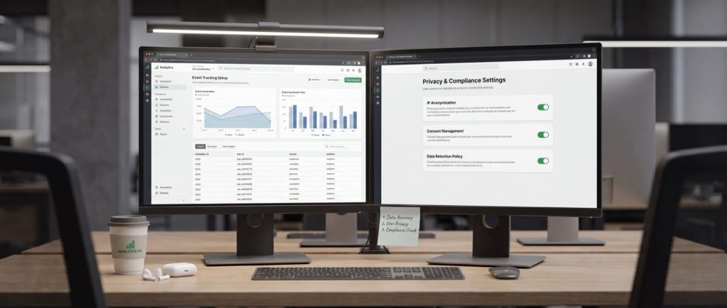 Dual monitors display analytics dashboard and privacy settings on a wooden desk with a keyboard, mouse, and coffee cup.