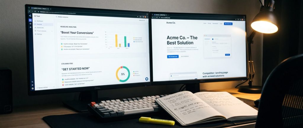 Dual monitors display analytics and a website, with a notebook and lamp on a desk. Text includes: "Boost Your Conversions."