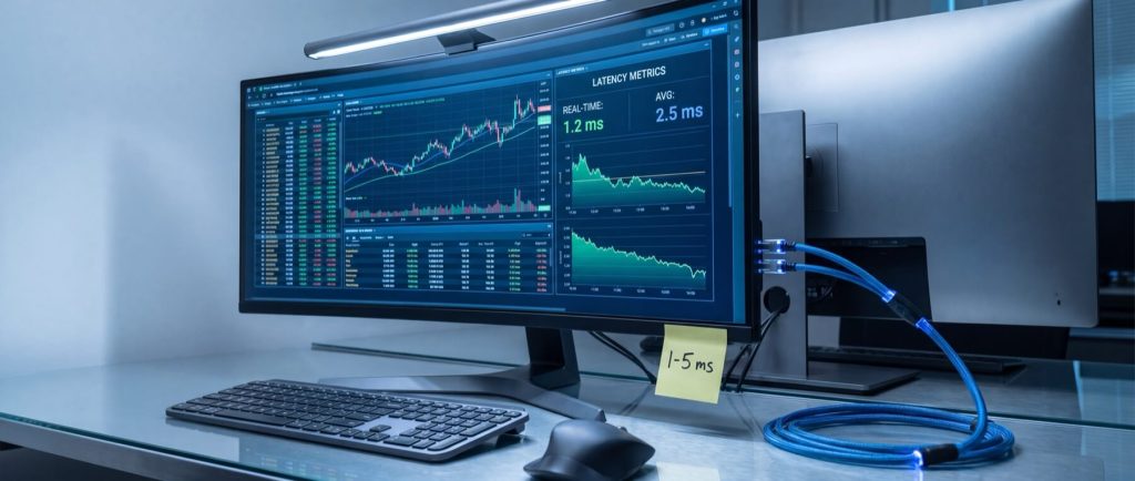 Dual monitors display stock trading charts and latency metrics. A keyboard, mouse, and network cables are on the desk.