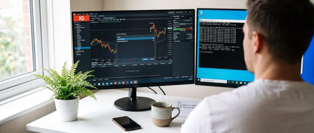 A person working at a desk with dual monitors displaying stock charts and command line interface, next to a plant.